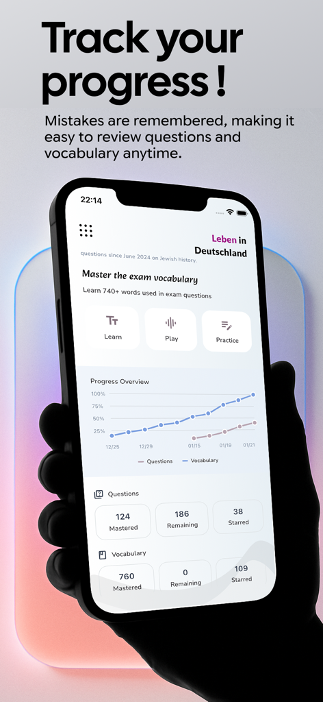 Leben in Deutschland: LebenPro - Smartphone screen showing progress tracking and vocabulary stats for the German citizenship test in the LebenPro app