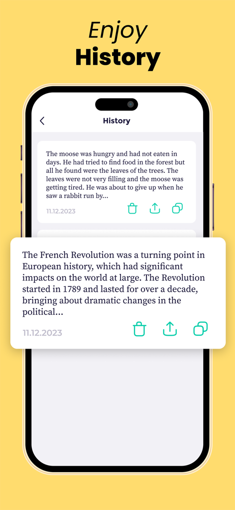 AI Writer - Essay Writing App - Interfaccia dell'app AI Writer che mostra brevi estratti di saggi dalla cronologia e opzioni di modifica del testo
