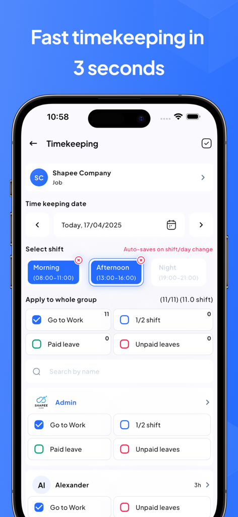 Timesheet & Payroll: EzWork - 빠른 시간 기록 및 직원 근무 일정 관리를 보여주는 EzWork 모바일 앱 인터페이스