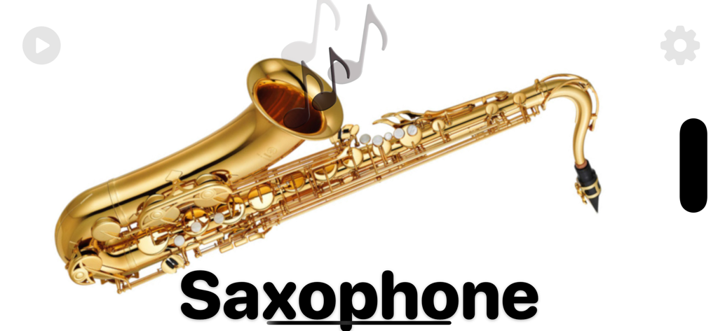 Instruments - Um saxofone dourado realista com notas musicais e rótulos no aplicativo educacional Instrumentos