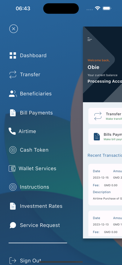 Bloom Bank Mobile - Bloom Bank Mobile app side menu showing options for transfers, bill payments, airtime, and investment rates