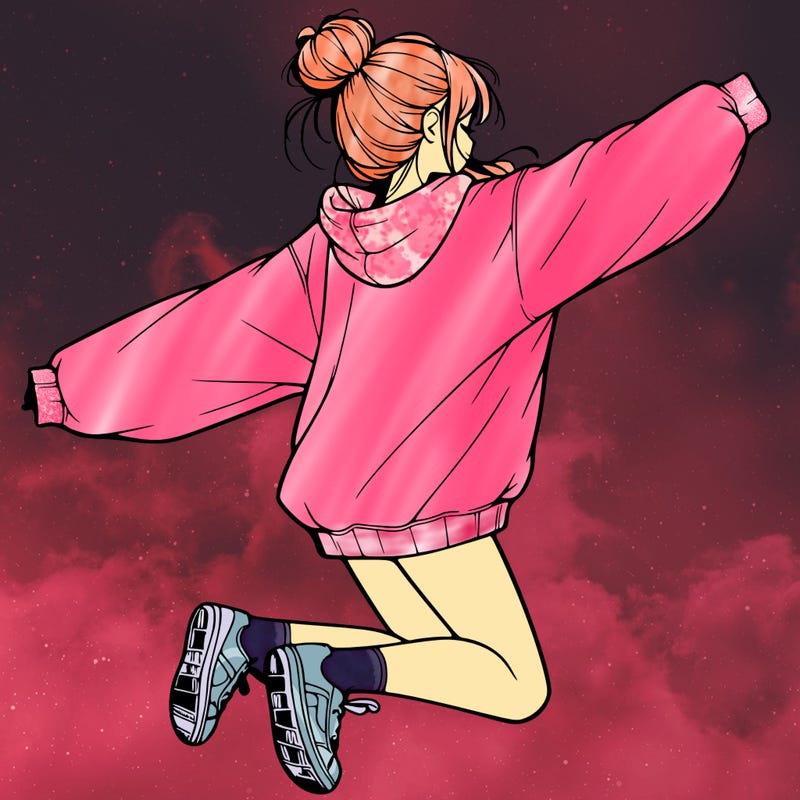 realistic girl jumping with a bun and oversized sweatshirt