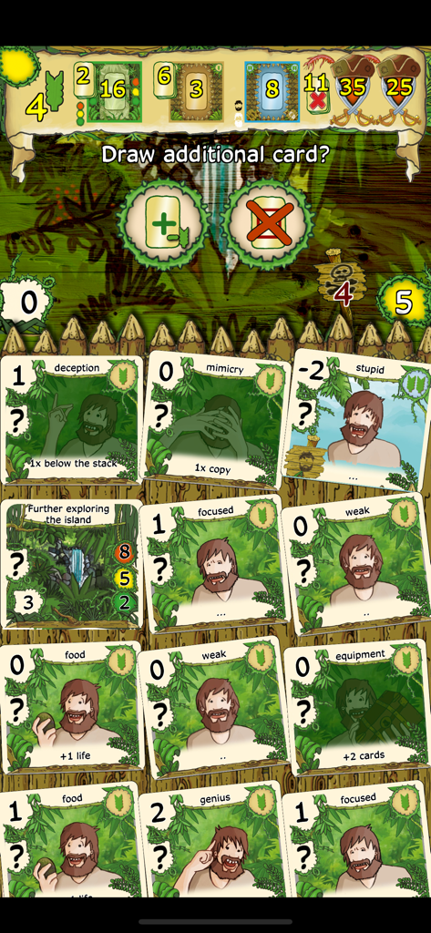 Friday - by Friedemann Friese - Gameplay-Bildschirm von Friday von Friedemann Friese, der ein Deck von Verhaltenskarten und eine Aufforderung zum Ziehen zusätzlicher Karten zeigt