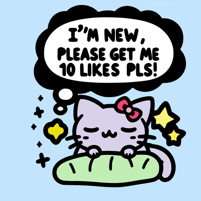 kitty taking a nap dream talking and saying "i'm new, please get me at least 10 likes pls!!"