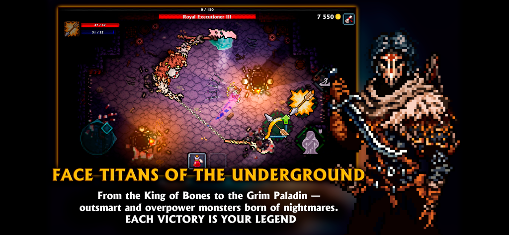 Batalla de jefe en pixel art contra el Verdugo Real en Pocket Rogues Ultimate