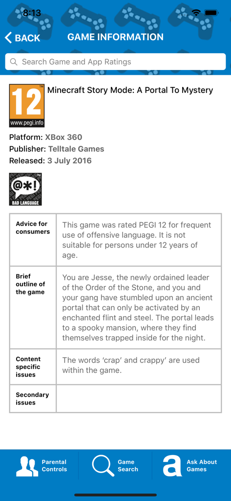 Detalhes da classificação PEGI 12 de Minecraft Story Mode e descritores de conteúdo