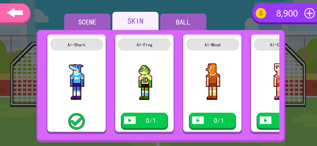 Happy Soccer Physics - Character skin selection menu in Happy Soccer Physics showing shark, frog, and wood player options.