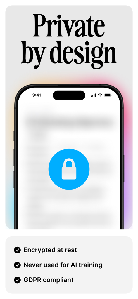 Voicenotes AI Notes & Meetings - Captura de pantalla de la aplicación Voicenotes AI destacando funciones de privacidad como cifrado de datos y cumplimiento del GDPR