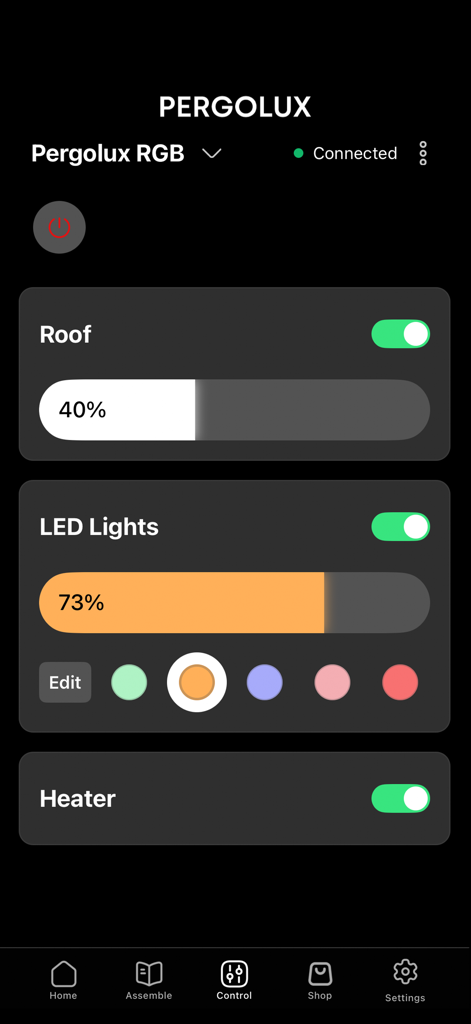 Pergolux - Pergolux app control screen featuring sliders and toggles for adjusting the pergola roof position, LED light brightness and color, and heater status.
