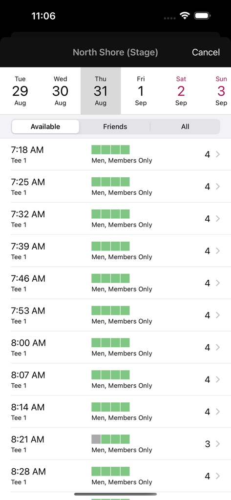 Golf NZ app interface for booking tee times at North Shore golf club