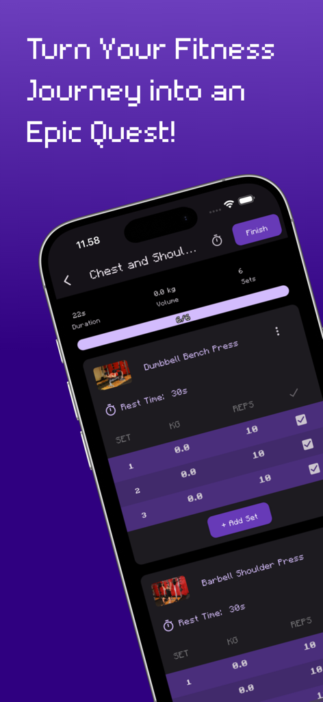 RPGFitness: Workout Tracker - A smartphone display showing the RPGFitness app interface for logging chest and shoulder workouts with a gamified purple theme.