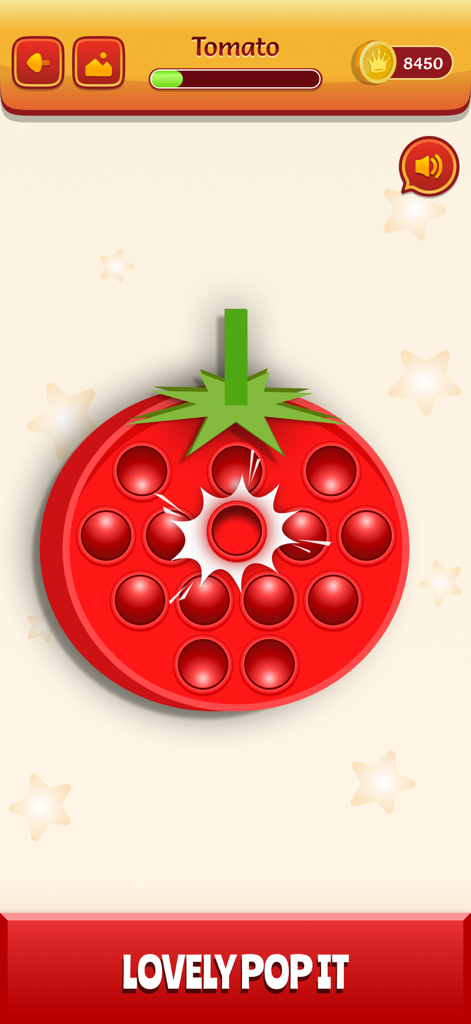 Popit - Just Do it! - A red tomato shaped pop it fidget toy with one bubble being popped in a mobile game interface