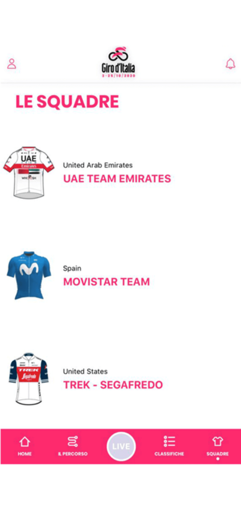 Giro d'Italia - Giro d'Italia app screen displaying professional cycling teams and their official jerseys