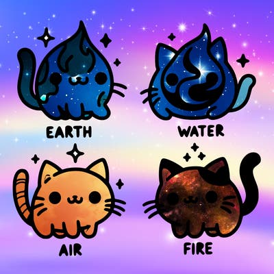 4 cats that represent the different elements, earth, water, air, and fire