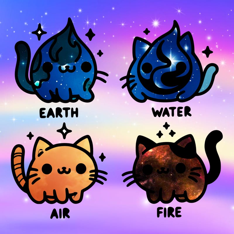 4 cats that represent the different elements, earth, water, air, and fire