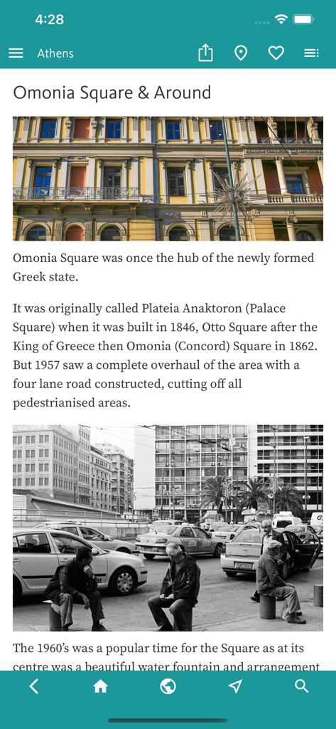 Athens’ Best: Travel Guide - Historical details and photos of Omonia Square in the Athens travel guide app