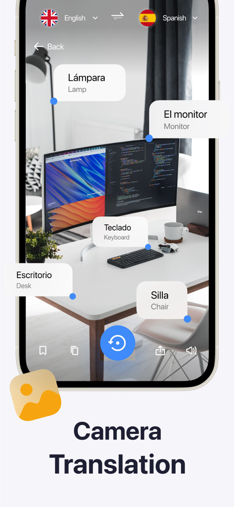 Smartphone screen displaying Lingvanex camera translation identifying desk objects in Spanish