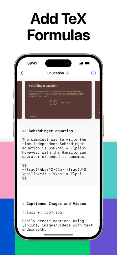 Deckset: Your Notes to Slides - iPhone screen showing the Deckset app converting LaTeX TeX formulas in Markdown into a professional presentation slide