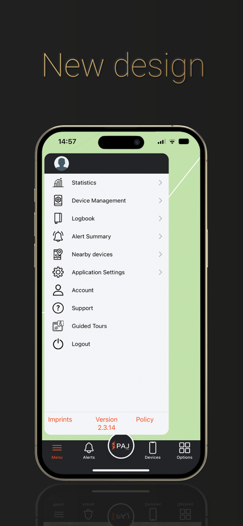 Die Hauptmenüoberfläche der PAJ Portal v2 App mit Navigationsoptionen für GPS-Gerätemanagement und Statistiken.