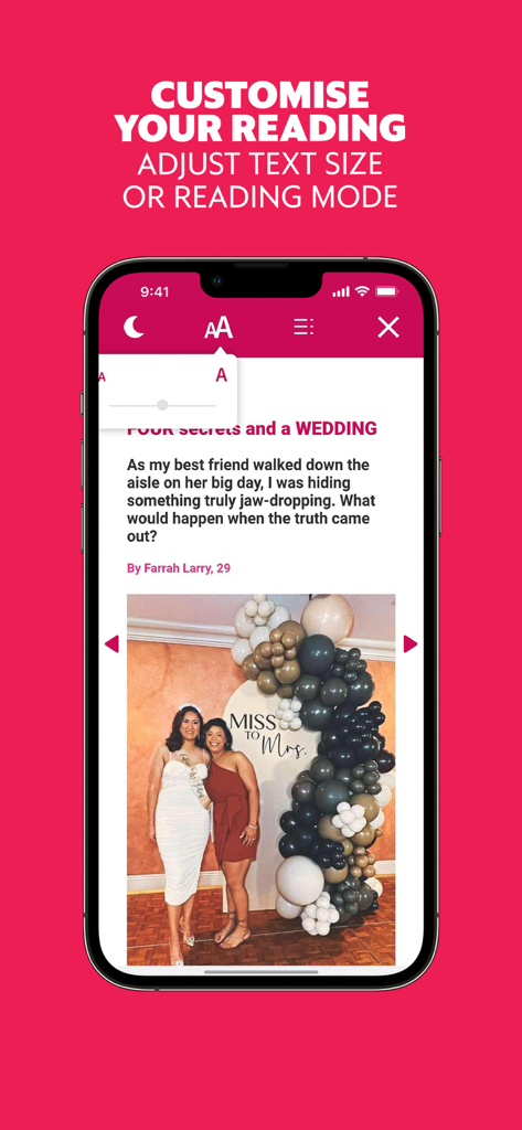 Screenshot showing the text size and reading mode adjustment features in the Take a Break Magazine app.