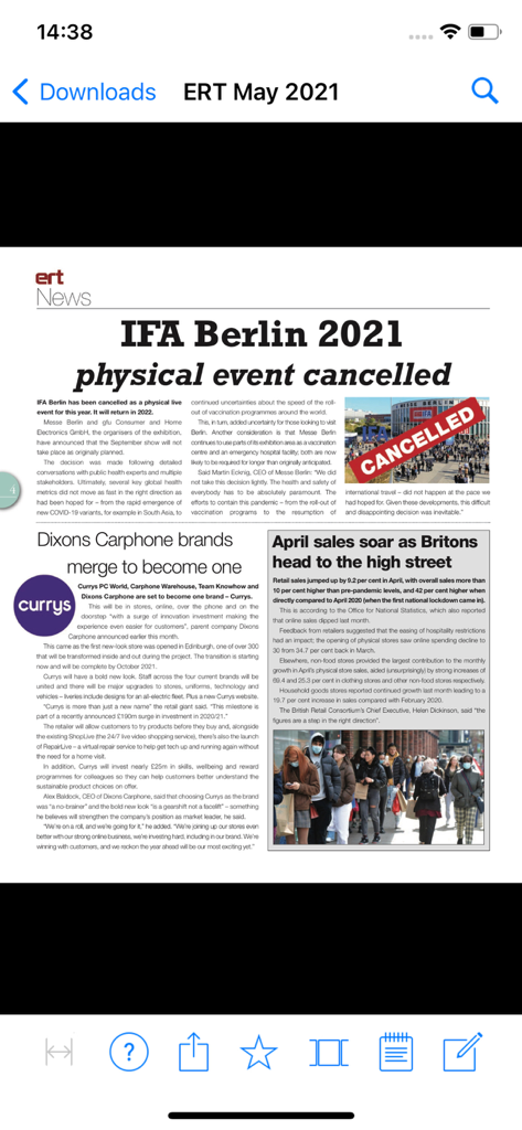 ERT Magazine - Digital page of the ERT Magazine app displaying industry news about electrical retailers and market trends