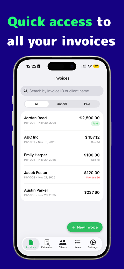 Dashboard view of mobile invoice list showing payment statuses and client names.