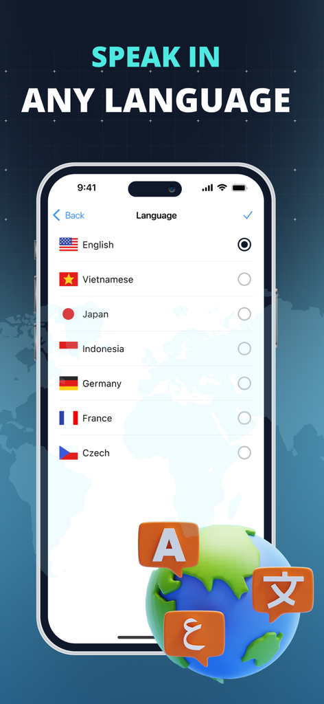 AI Voice Changer app interface showing a list of multiple languages and a global speech bubble graphic.