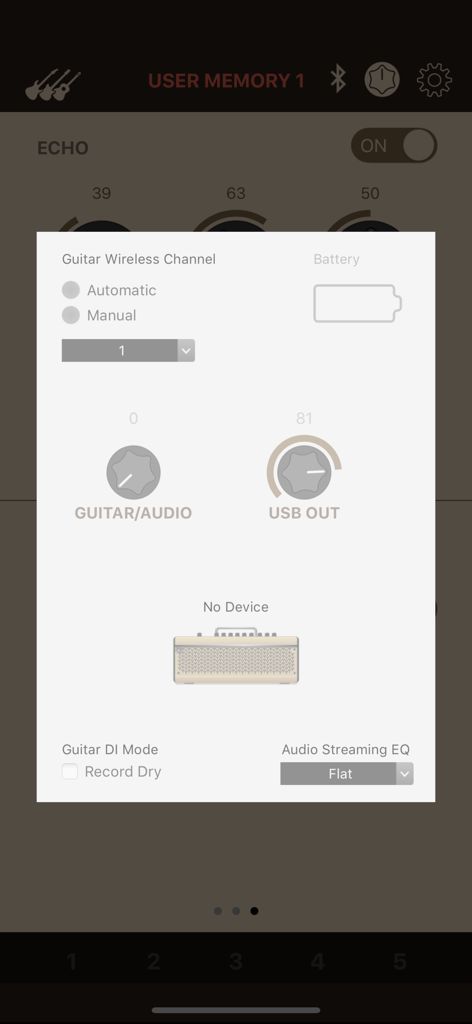 Advanced settings menu in the THR Remote app for adjusting wireless channels and audio output levels