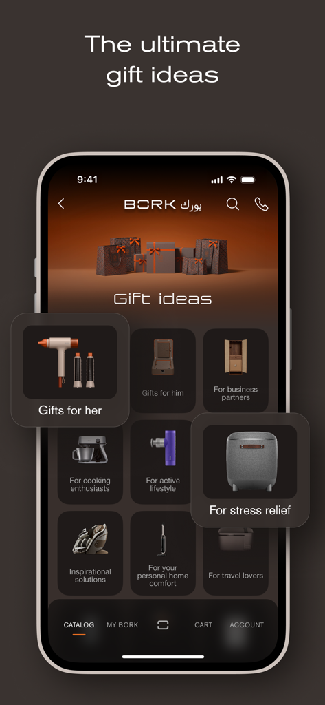 BORK Deliberate Excellence - BORK app interface displaying curated luxury gift categories for different lifestyles and recipients.