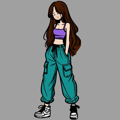 girl in baggy pants crop top and long hair