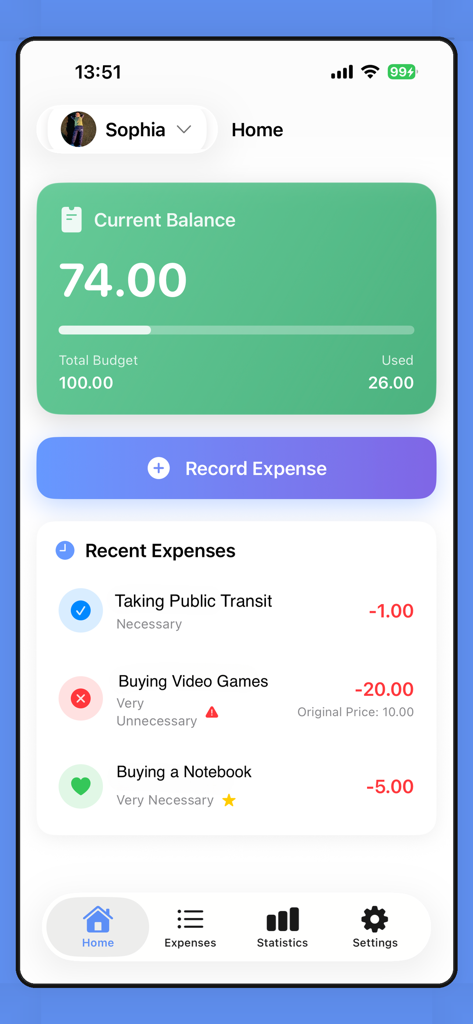 LittleFinancier - LittleFinancier 홈 화면에는 잔액 및 최근 지출이 표시된 어린이 예산 대시보드가 표시됩니다.