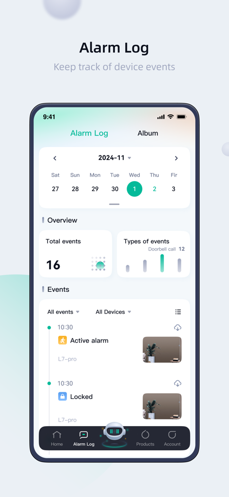 Xhome - Xhome app interface showing the alarm log screen with security events and activity history.