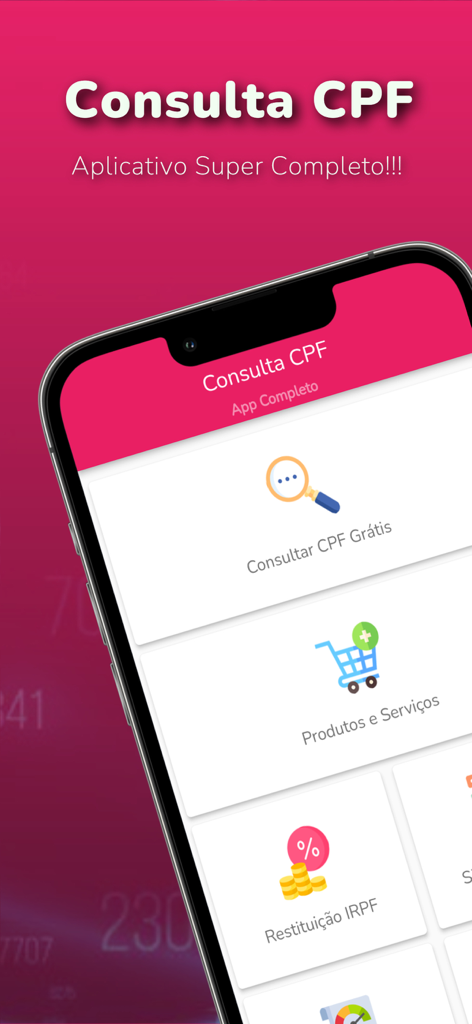 Mobile screen of the Consulta CPF app for checking credit scores and tax status