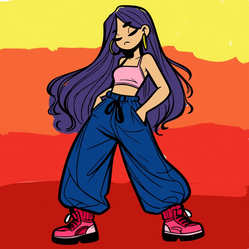 girl in baggy pants crop top and long hair