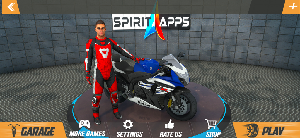 Racing Rider: Moto Bike Games - Personaje con traje de carreras rojo junto a una moto deportiva azul en un menú de garaje
