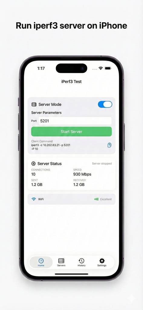 iPerf3 Client & Server - iPerf3 app interface showing server mode enabled with network performance metrics on iPhone