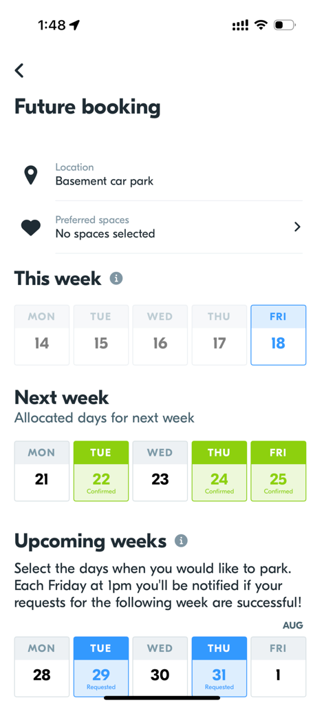 Parkable app screen showing a weekly calendar for scheduling future parking bookings