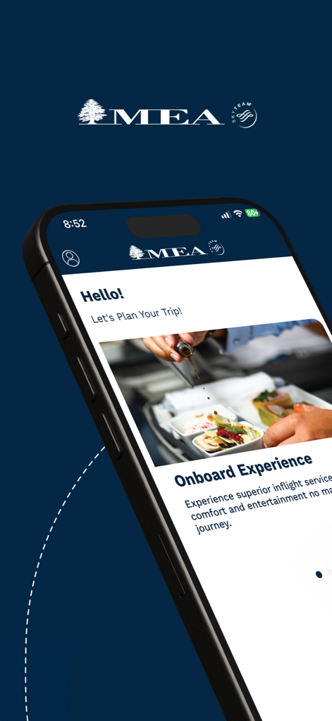 Middle East Airlines - MEA - Middle East Airlines mobile app homepage featuring the onboard experience and inflight service information.