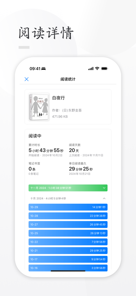HiReader - EPUB & PDF Reader - 디지털 책의 상세 독서 통계와 일일 활동 로그를 보여주는 모바일 앱 화면