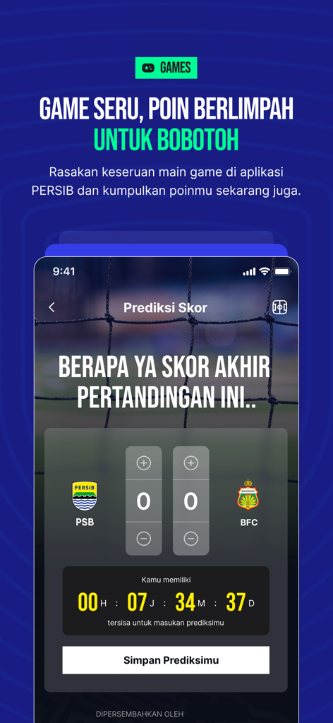 Persib - サッカーファン向けのペルシブ公式モバイルアプリのスコア予想ゲームインターフェース