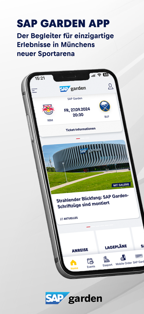SAP Garden - SAPガーデンアプリのホーム画面に、モバイルデバイスにスポーツイベント情報とニュースが表示されている