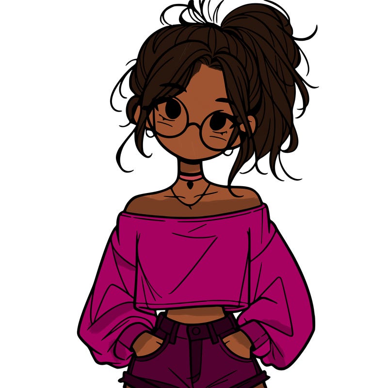 girl with a messy ponytail glasses a baggy crop top and jean shorts