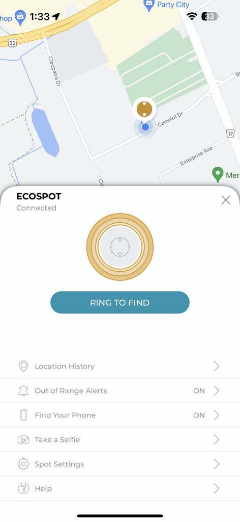 The Spot 2.0 app interface displaying a map location and a Ring to Find button for a connected EcoSpot device.