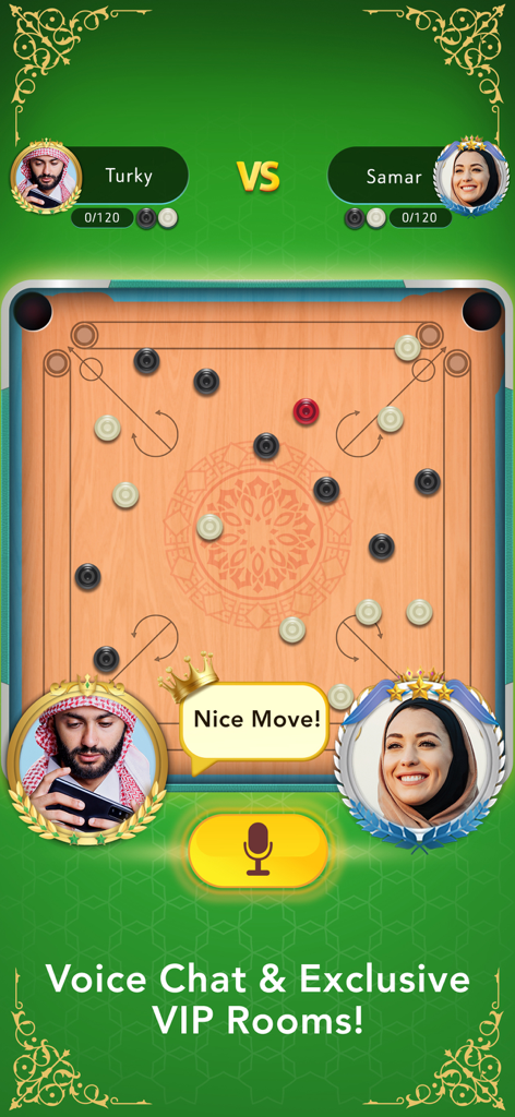 Carrom | كيرم Online Pool Game - Pantalla móvil mostrando un juego de carrom con jugadores en línea y función de chat de voz integrada.