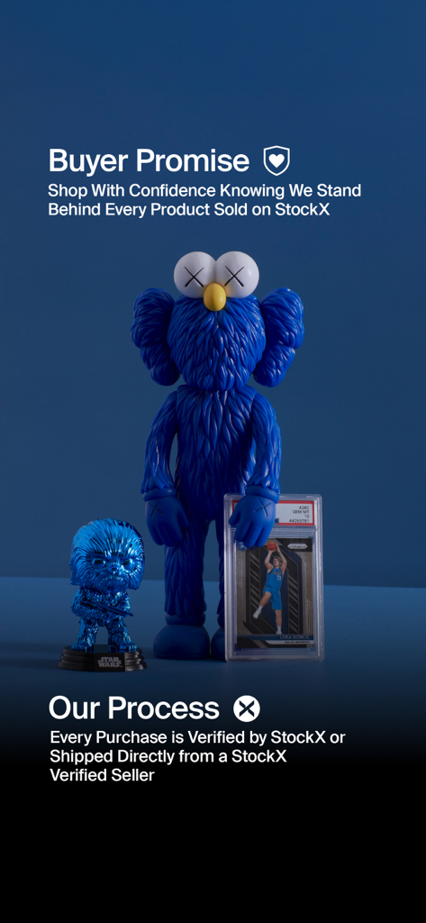 StockX app screen showing the Buyer Promise for verified collectibles including KAWS figures and trading cards