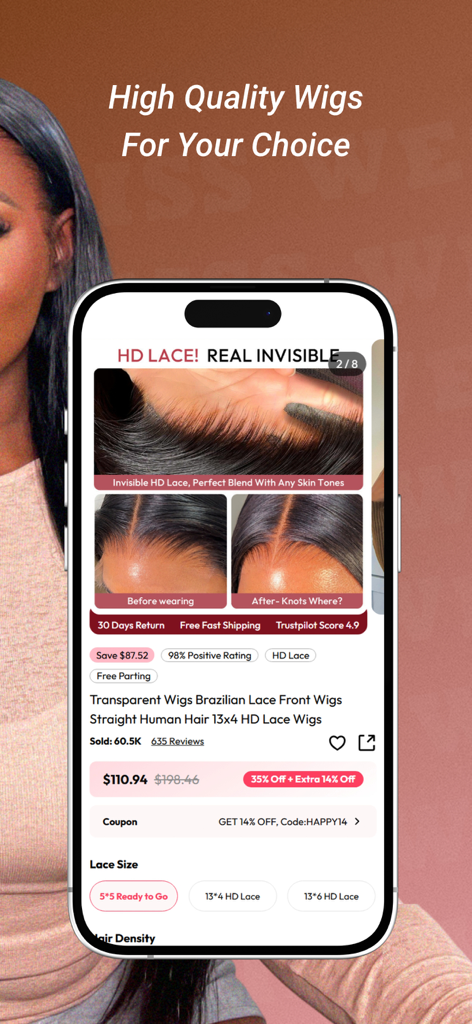 Westkiss Hair mobile app showing an HD lace front human hair wig product page