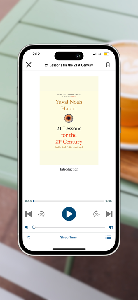Audiobook player interface in the Boundless app featuring the book 21 Lessons for the 21st Century by Yuval Noah Harari