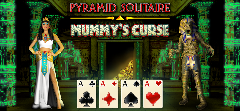 Pyramid Solitaire Mummys Curse - Imagen promocional de Pyramid Solitaire Maldición de la Momia con Cleopatra, una momia y naipes en una tumba egipcia