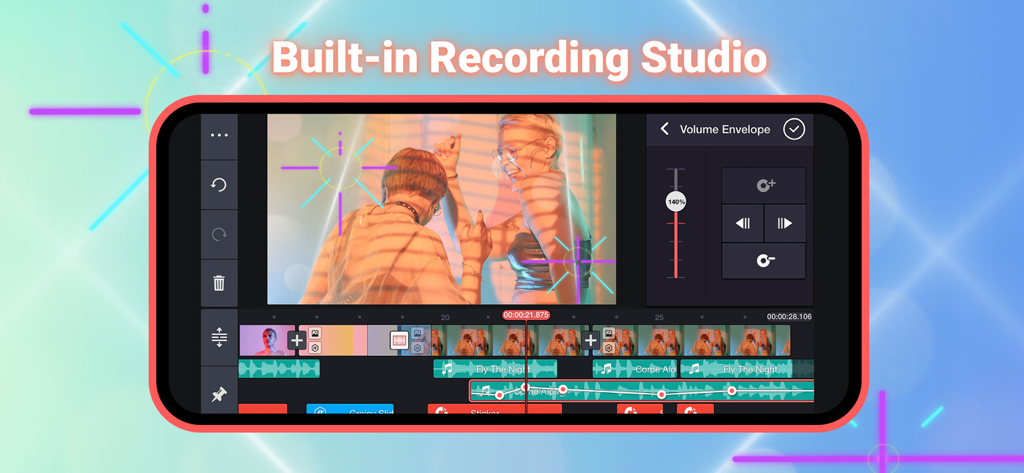 Interfaz de edición de video móvil KineMaster mostrando controles de volumen de audio y funciones de estudio de grabación