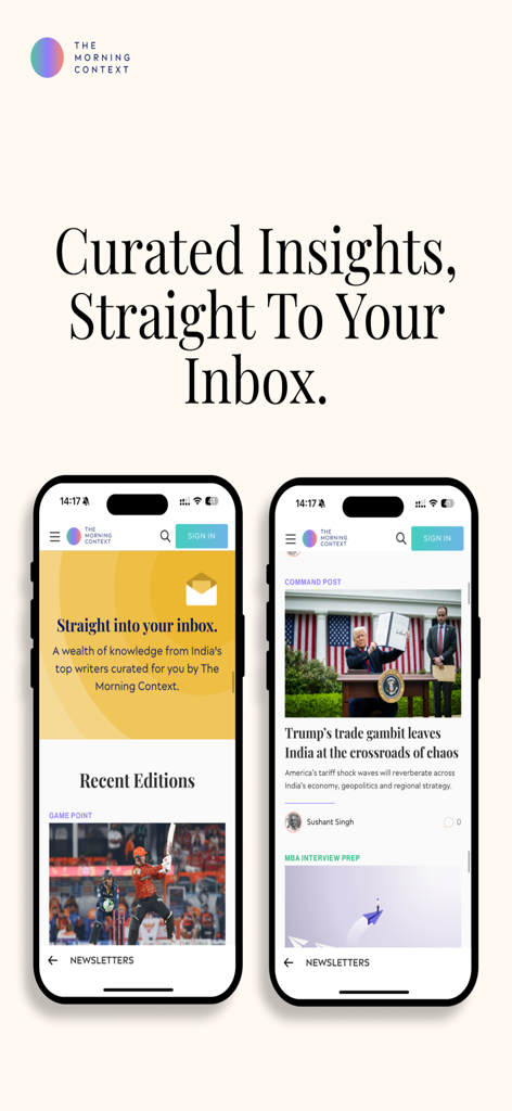 The Morning Context mobile app interface displaying curated news stories and professional business newsletters.